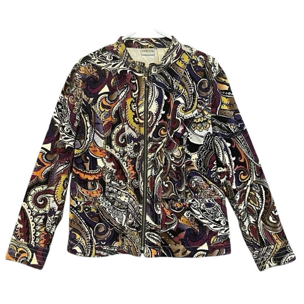 CHICO’S Women’s Jacket Zip Front Paisley Corduroy Multicolor Size 2 (Med) Fall